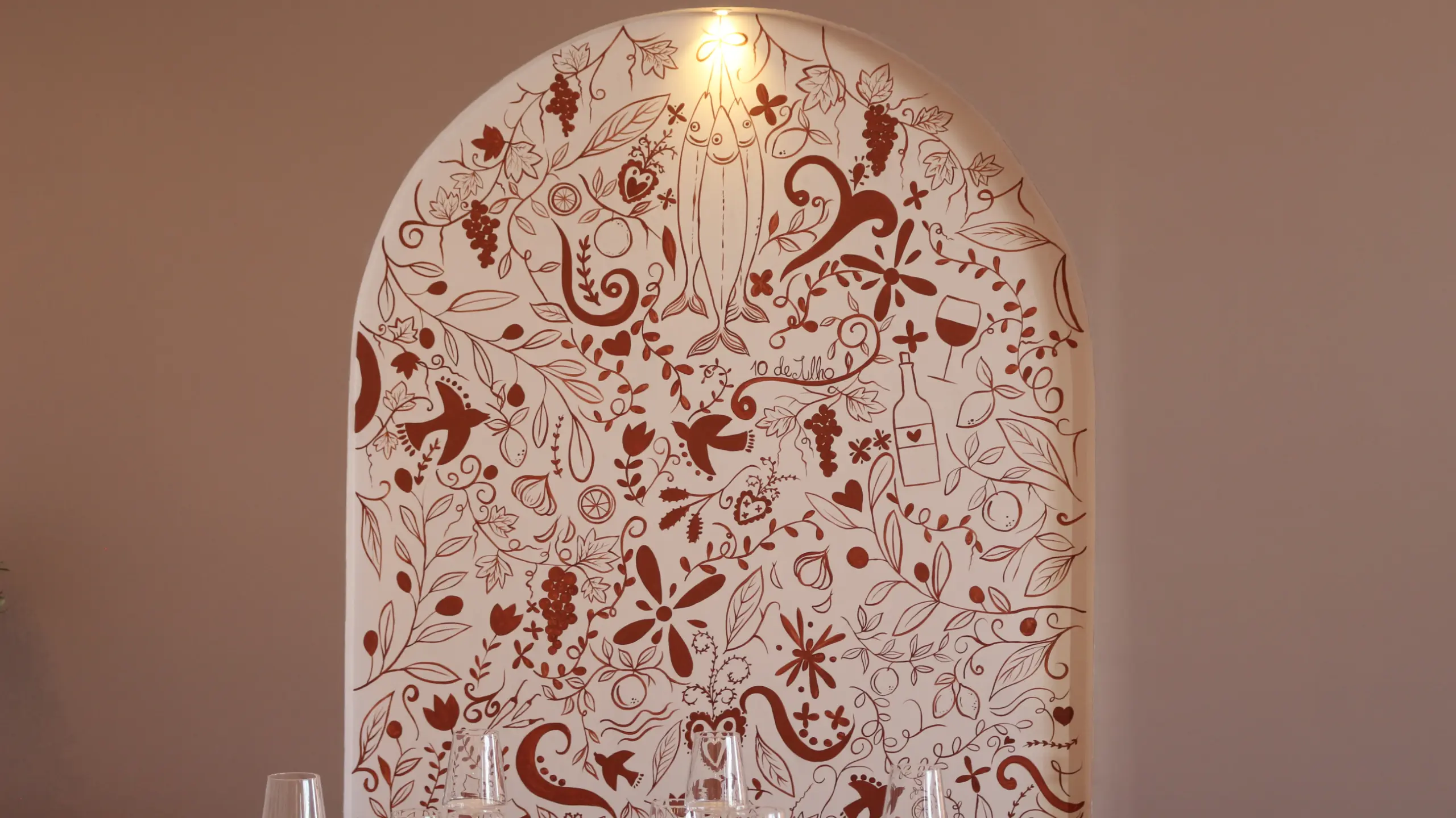 Projeto de Interiores, mural pintado à mão, restaurante 10 de julho.